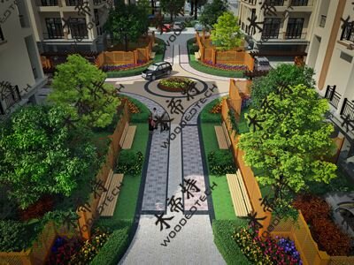 低密度住宅小区花园塑木围栏3D效果图设计