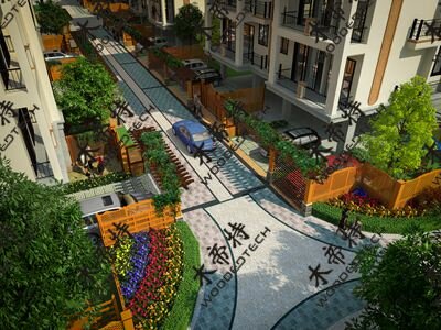 花园小区中心通道各种塑木材料制品工程3D效果图设计