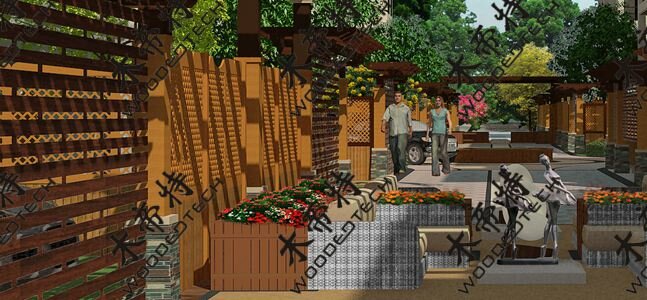 塑木花箱塑木葡萄架塑木围栏3D设计效果图