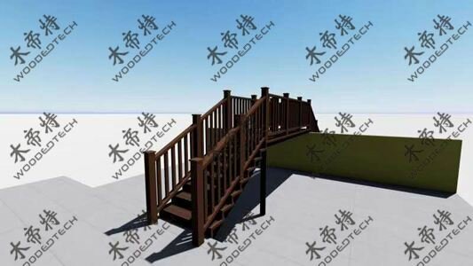 花园小拱桥两侧的塑木栏杆和塑木台阶3D设计效果图